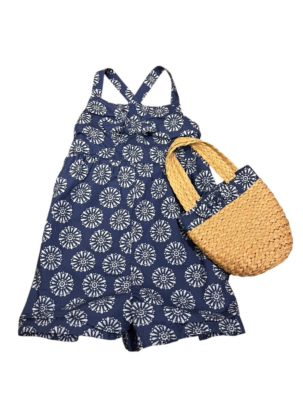 Tommy Bahama Girls Blue White Cotton Romper with Matching Straw Tote Bag Size 5